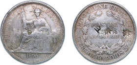 French Indochina French colony 1896 A 1 Piastre Silver (.900) Paris Mint (11858000) 26.96g VF Chopmarked KM 5a.1