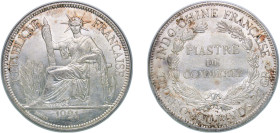 French Indochina French colony 1921 1 Piastre Silver (.900) Paris Mint (4850000) 26.97g UNC Cleaned KM 5a.2