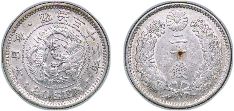 Japan Empire M32 (1899) 年二十三治明 20 Sen - Meiji Silver (.800) (15000000) 5.37g XF ...