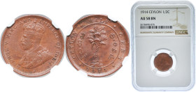 Sri Lanka British Ceylon colony 1914 ½ Cent - George V Copper Heaton and Sons / The Mint Birmingham Limited (2000000) 2.36g NGC AU 58 BN KM 106