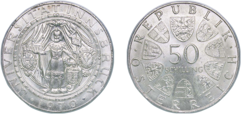 Austria Second Republic 1970 50 Schilling (Innsbruck University) Silver (.900) V...