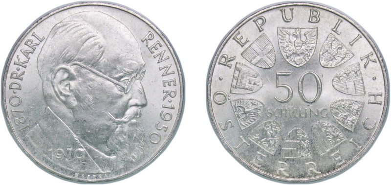 Austria Second Republic 1970 50 Schilling (Karl Renner) Silver (.900) Vienna Min...