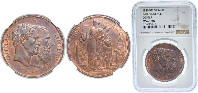 Belgium Kingdom 1880 5 Francs (50 Years of Belgium) Copper Brussels Mint 25g NGC...