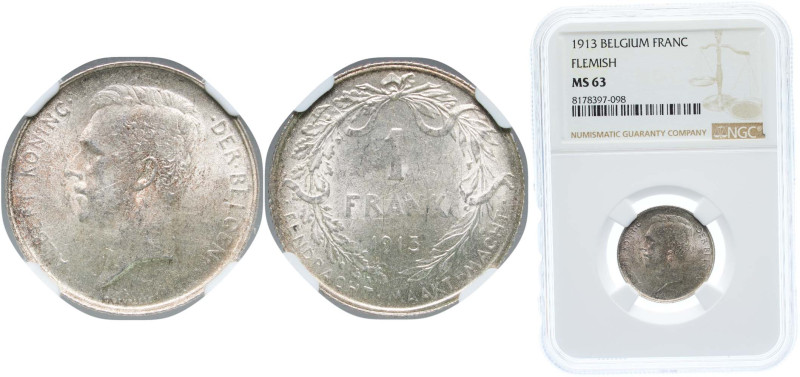 Belgium Kingdom 1913 1 Franc - Albert I (Dutch text) Silver (.835) Brussels Mint...