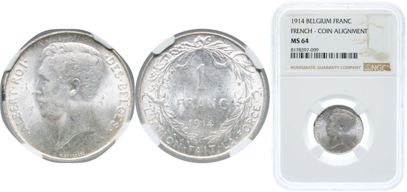 Belgium Kingdom 1914 1 Franc - Albert I (French text) Silver (.835) Brussels Min...