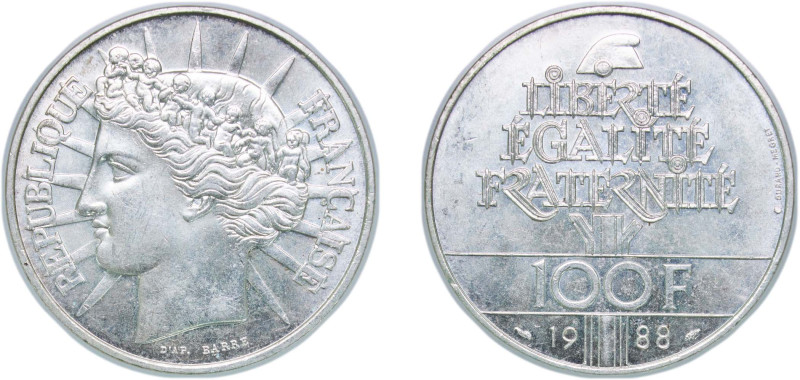 France Fifth Republic 1988 100 Francs (Fraternity) Silver (.900) Paris Mint (200...