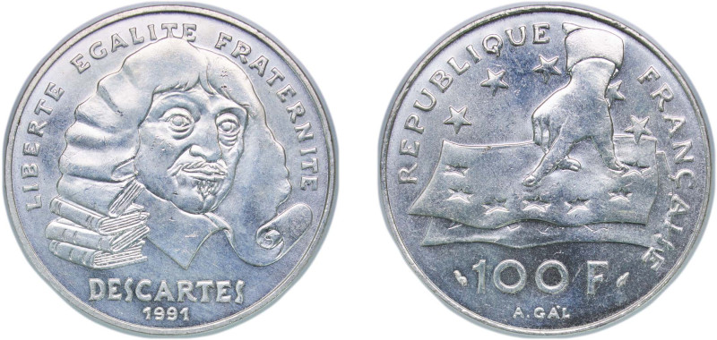 France Fifth Republic 1991 100 Francs (Rene Descartes) Silver (.900) Paris Mint ...