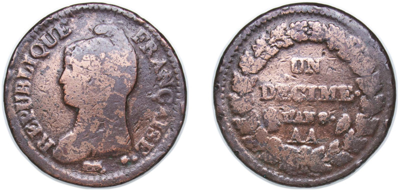 France First Republic AN 8 (1799) AA 1 Décime (2 Décime Overstrike) Copper Metz ...