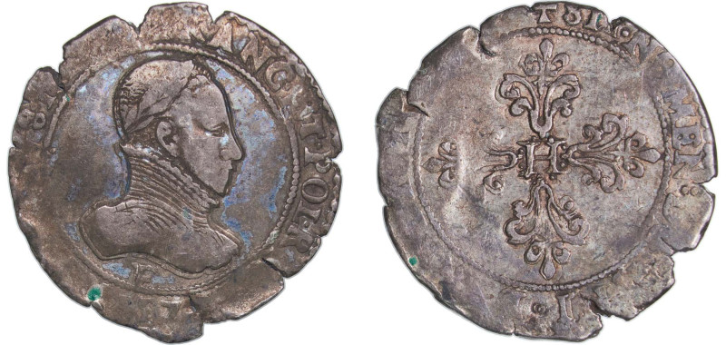 France Kingdom 1575 - 1593 F ½ Franc - Henri III Silver (.833) Angers Mint 7g VF...