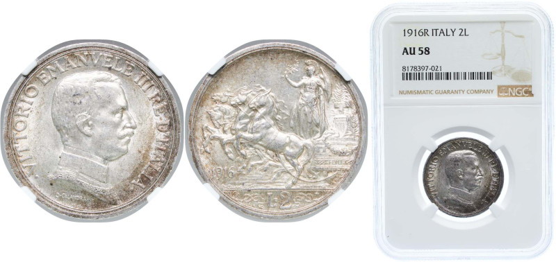 Italy Kingdom 1916 R 2 Lire - Victor Emmanuel III Silver (.835) Rome Mint (10923...