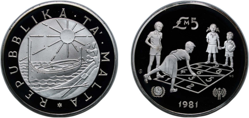 Malta Republic 1981 CHI 5 Liri Silver (.925) Valcambi SA Mint (30000) 28.28g PF ...