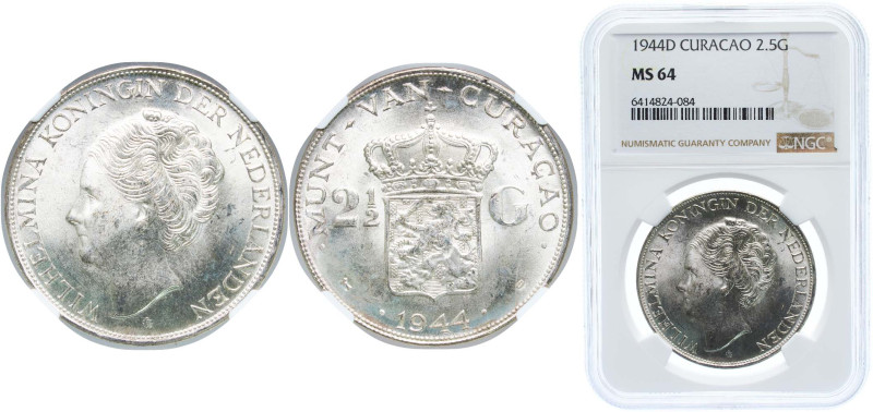 Netherlands Antilles Curaçao Dutch colony 1944 D 2½ Gulden - Wilhelmina Silver (...