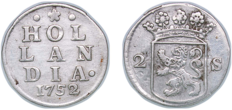 Netherlands Dutch Republic Province of Holland 1752 2 Stuivers Silver (.583) Dor...