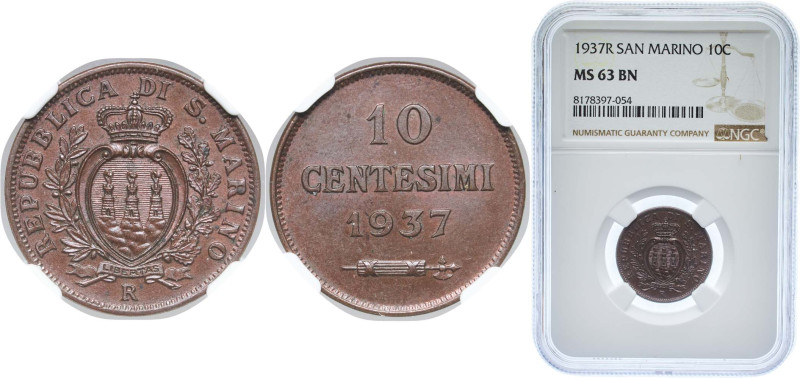 San Marino Republic 1937 R 10 Centesimi Bronze Rome Mint (400000) 5.4g NGC MS 63...