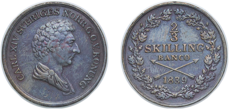 Sweden Kingdom 1839 ⅔ Skilling Banco - Carl XIV Johan Copper Stockholm Mint (654...