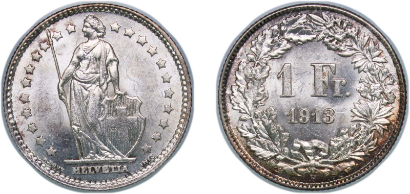 Switzerland Federal State 1913 B 1 Franc (Helvetia standing) Silver (.835) Bern ...