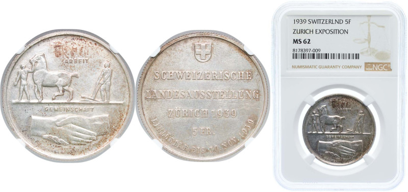 Switzerland Federal State 1939 HF 5 Francs "Landitaler" (Zurich Exposition) Silv...