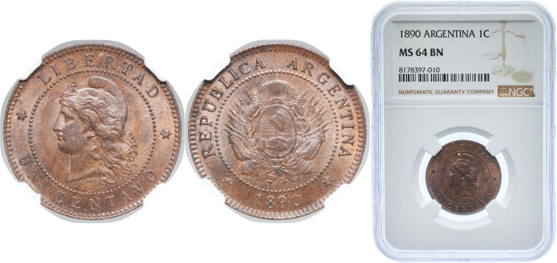 Argentina Federal Republic 1890 1 Centavo Bronze (2137000) 5g NGC MS 64 BN KM 32...