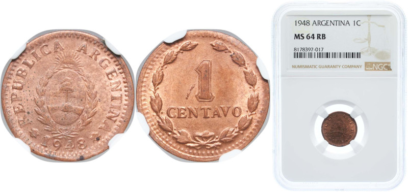 Argentina Federal Republic 1948 1 Centavo Copper (4419545) 2g NGC MS 64 RB KM 37...