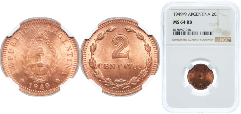 Argentina Federal Republic 1949 2 Centavos Copper (7290000) 3.3g NGC MS 64 RB KM...