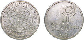 Argentina Federal Republic 1977 3000 Pesos (World Football Championship) Silver (.900) Santiago Mint (98837) 25g UNC KM 80 CJ 297 CJ 298 Schön 80