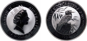 Australia Commonwealth 1992 2 Dollars - Elizabeth II (3rd Portrait - Australian Kookaburra 2 OZ) Silver (.999) Perth Mint (84782) 63.05g BU KM 179