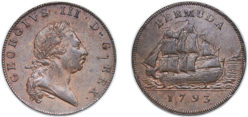 Bermuda British colony 1793 1 Penny - George III Copper Soho Mint (72000) 12.95g...