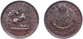 Canada Upper Canada British colony 1857 ½ Penny - Bank of Upper Canada Copper Heaton Mint (3000000) 7.8g AU CCT PC-5 Breton His 720 KM Tn2