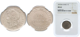 Chile Republic 1872 So 1 Centavo Copper-nickel Santiago Mint (690000) 5g NGC MS 62 KM 146