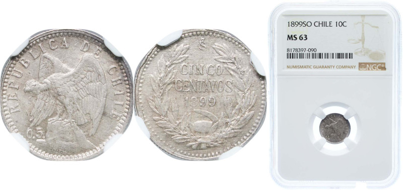 Chile Republic 1899 So 5 Centavos Silver (.500) Santiago Mint (1794000) 1g NGC M...