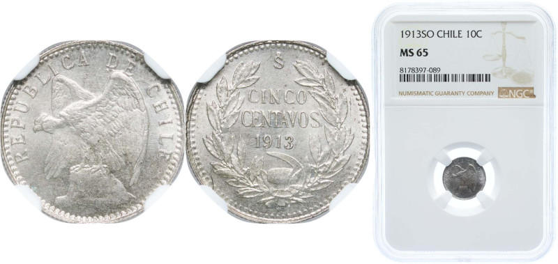 Chile Republic 1913 So 5 Centavos Silver (.400) Santiago Mint 1g NGC MS65 Top Po...