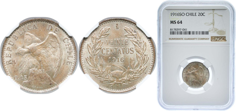 Chile Republic 1916 So 20 Centavos Silver (.450) Santiago Mint (3377000) 3g NGC ...