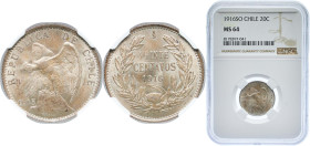 Chile Republic 1916 So 20 Centavos Silver (.450) Santiago Mint (3377000) 3g NGC MS 64 KM 151.4