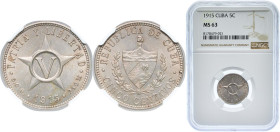 Cuba First Republic 1915 5 Centavos Copper-nickel Philadelphia Mint (5096000) 5g NGC MS 63 KM 11.1