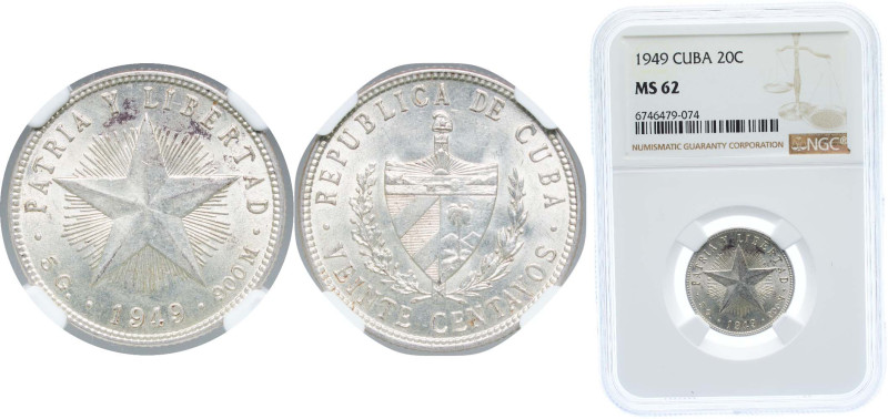 Cuba First Republic 1949 20 Centavos Silver (.900) Philadelphia Mint (13170000) ...