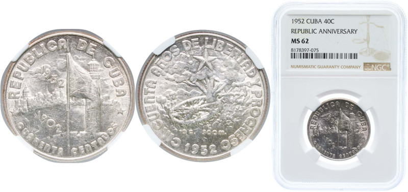 Cuba First Republic 1952 40 Centavos (50th. Anniversary of the Republic) Silver ...