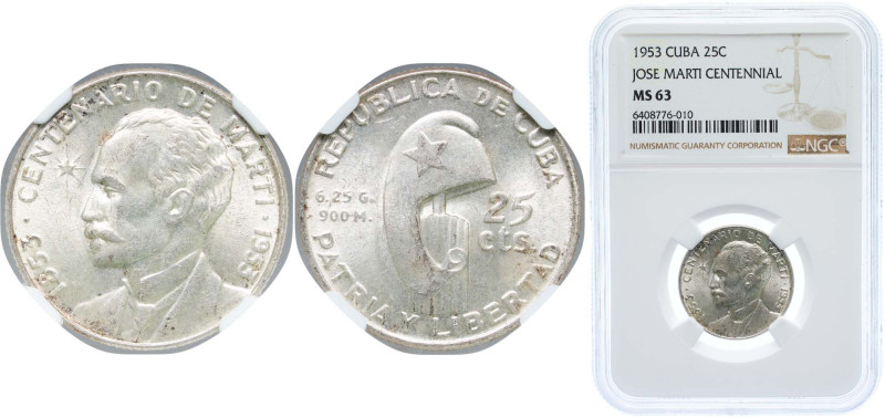 Cuba First Republic 1953 25 Centavos (José Martí) Silver (.900) Philadelphia Min...