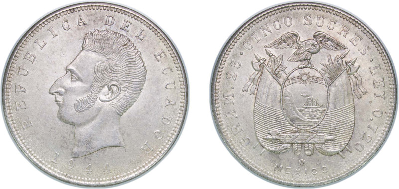 Ecuador Republic 1944 Mo 5 Sucres Silver (.720) Mexico City Mint (2600000) 25.03...