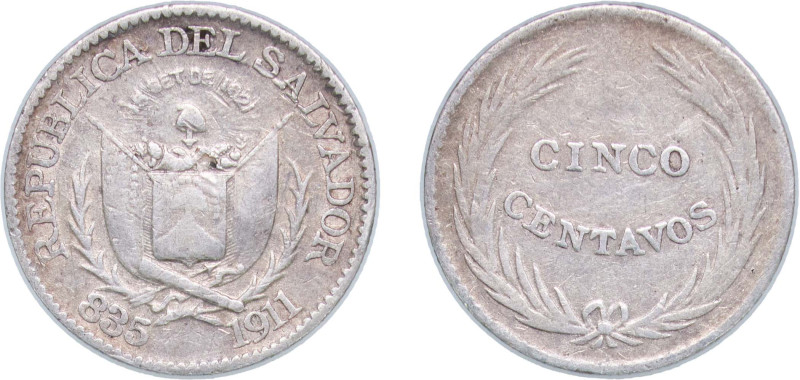 El Salvador Republic 1911 5 Centavos Silver (.835) Heaton Mint (1000000) 1.17g V...