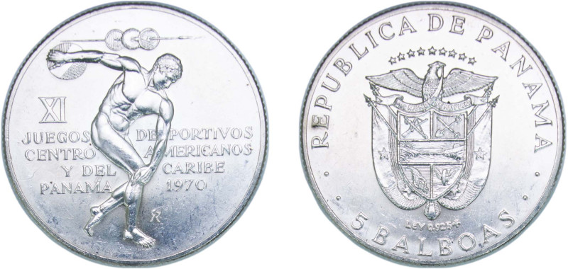 Panama Republic 1970 FM 5 Balboas (Central American Games) Silver (.925) The Fra...