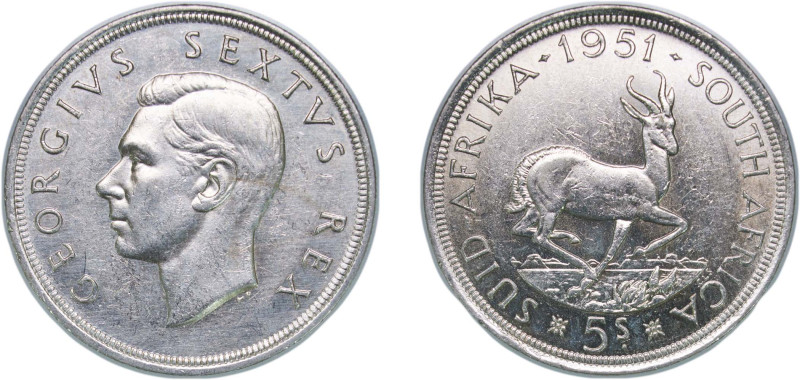 South Africa Union 1951 5 Shillings - George VI (5S) Silver (.500) Pretoria Mint...