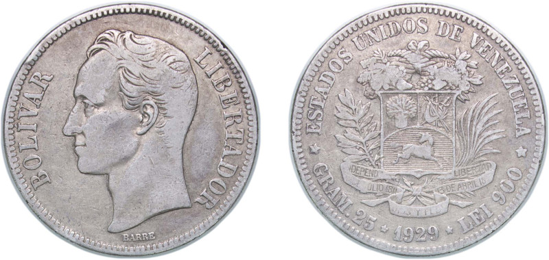 Venezuela United States 1929 5 Bolívares Silver (.900) Philadelphia Mint (800000...