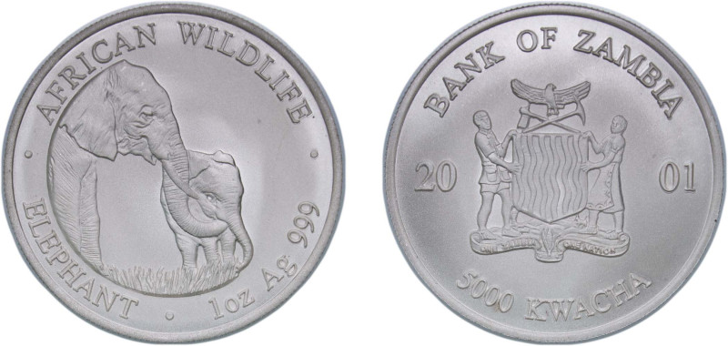 Zambia Republic 2001 5000 Kwacha (Elephant) Silver (.999) 31.68g BU KM 117