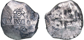 Bolivia Spanish colony 1743 P V 8 Reales - Carlos III Silver (.917) Potosi Mint 23.26g VF Seawater Corrossion KM 45