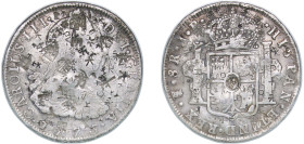 Bolivia Spanish colony 1775 PTS JR 8 Reales - Carlos III Silver (.903) Potosi Mint 26.64g VF Chopmarked KM 55