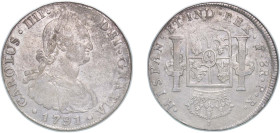 Bolivia Spanish colony 1791 PTS PR 8 Reales - Carlos IV Some Original luste Silver (.896) Potosi Mint 26.7g AU KM 73