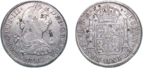 Mexico Spanish colony 1786 Mo FM 8 Reales - Carlos III Silver (.896) Mexico City Mint 26.82g XF Chopmarked KM 106a