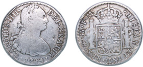 Mexico Spanish colony 1794 Mo FM 8 Reales - Carlos IV Silver (.903) Mexico City Mint 26.62g VF Chopmarked KM 109