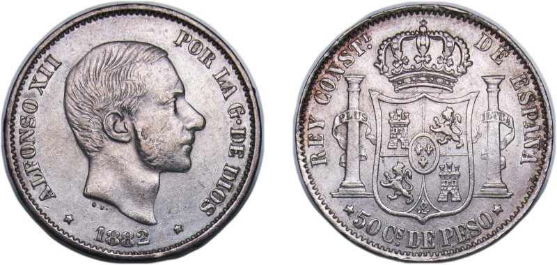 Philippines Spanish colony 1882 50 Centavos - Alfonso XII Silver (.835) Milan Mi...