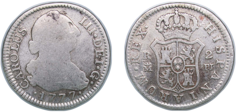 Spain Kingdom 1777 M PJ 2 Reales - Carlos III Silver (.813) Madrid Mint 5.5g VF ...